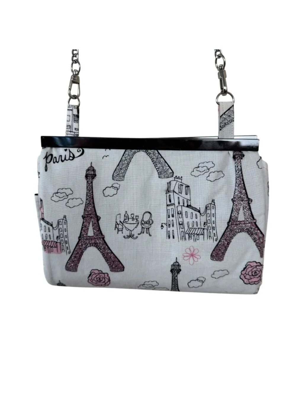 Handmade Clutch Small Shoulder Bag Purse Paris White Pink Glitter Fun Girly